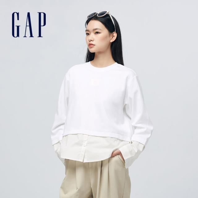 【GAP】女裝 Logo假兩件圓領長袖T恤-白色(452253)