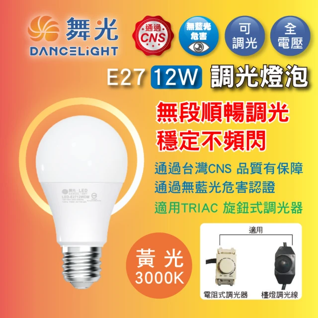 【DanceLight 舞光】10入組 12W LED無段調光燈泡 E27 全電壓 調亮度 檯燈(黃光 3000K 適用TRIAC旋鈕式調光)