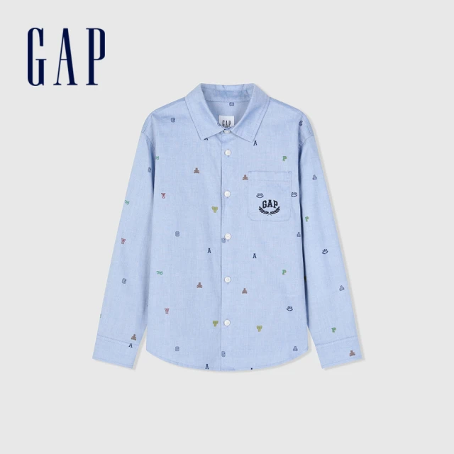 GAP 男童裝 Logo純棉小熊印花翻領長袖襯衫-藍色(890364)