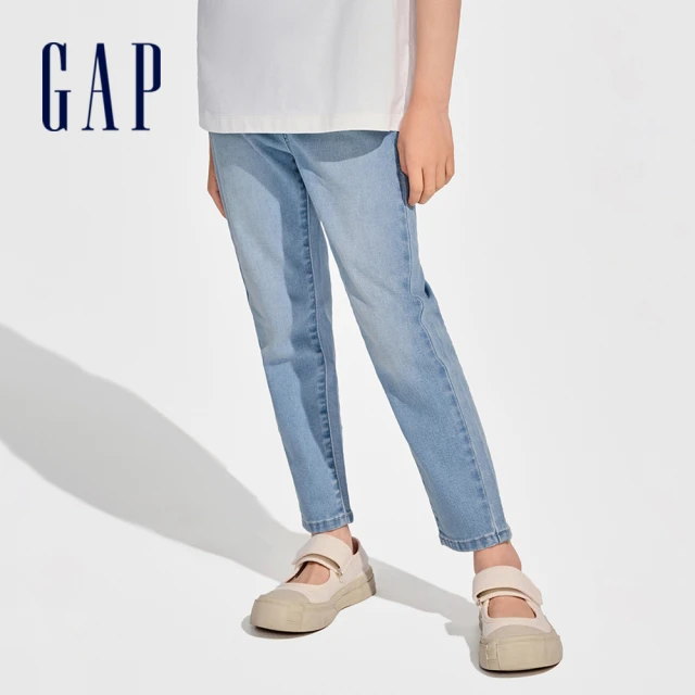 【GAP】女童裝 Logo鬆緊直筒牛仔褲-淺藍色(890286)