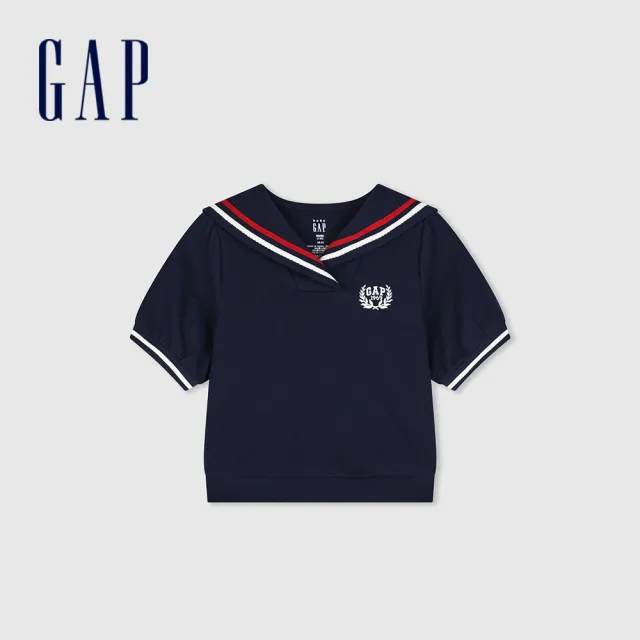 【GAP】女幼童裝 Logo印花翻領短袖T恤-海軍藍(890342)