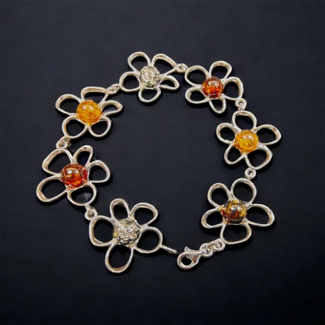 波蘭製造銀鑲嵌手折花朵款多色琥珀手鍊