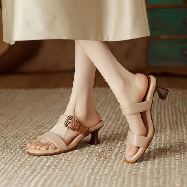 【WYPEX】時尚真皮氣質拖鞋女鞋 高跟露趾一字拖鞋(2色)