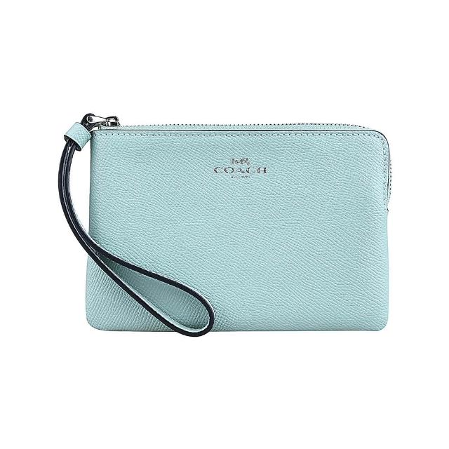 【COACH】CORNER銀字LOGO荔枝紋牛皮2卡拉鍊手拿包(淺青)