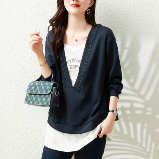 【ONEY 歐妮】★休閒寬鬆假兩件拼接上衣(撞色/女裝/長袖)
