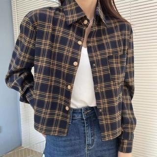 【Amirr 艾米爾】★港風復古格紋短款襯衣(女上衣/長袖/襯衫)