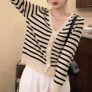【Amirr 艾米爾】★修身V領條紋針織開衫上衣(女上衣/長袖/外套)