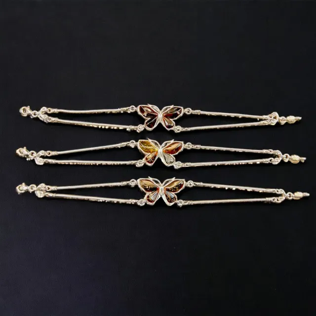 波蘭製造925銀鑲嵌蝴蝶翩翩起舞雙圈手鍊(血珀/花珀/多色琥珀)