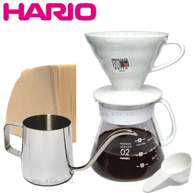 【HARIO】V60白色02陶瓷濾杯咖啡壺禮盒組+Inga 咖啡 不鏽鋼細口壺