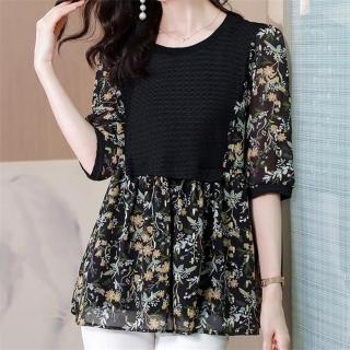 【ALLK 歐楷】新品 長版印花拼接上衣 黑色(尺寸L-XXL/中大尺碼/涼爽/透氣)
