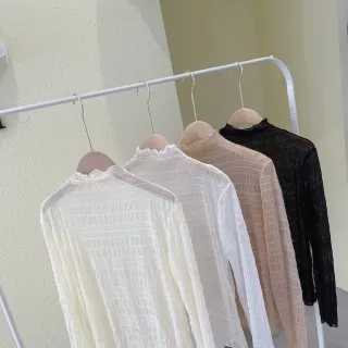 【D.studio】韓版氣質高領蕾絲內搭網紗上衣(長袖上衣 女裝 衣服 寬鬆上衣 顯瘦上衣 長袖t恤W405)