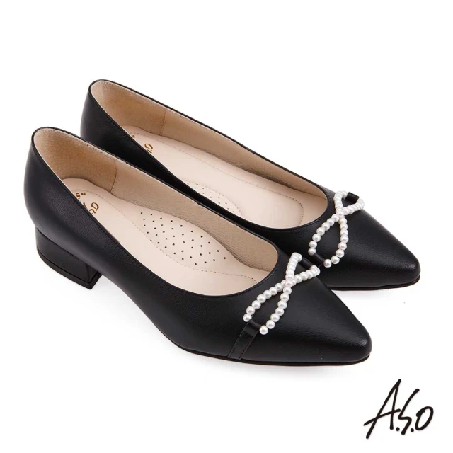 A.S.O 阿瘦集團 A.S.O 窩心系列珍珠尖楦淺口真皮低跟鞋(黑色)