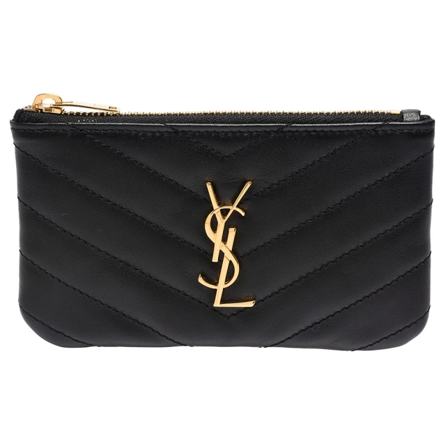 YSL 經典金色Y字LOGO小牛皮拉鍊鑰匙/零錢包(黑438386-CWU01-1000)