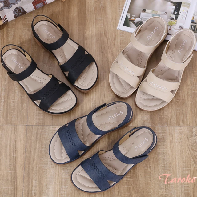 【Taroko】簡約縫線一字休閒坡跟涼鞋(3色可選)