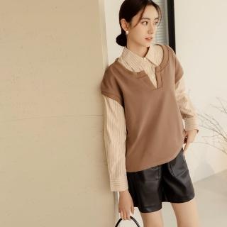 【OB 嚴選】假兩件拼接翻領條紋寬鬆長袖上衣 《AB19132》