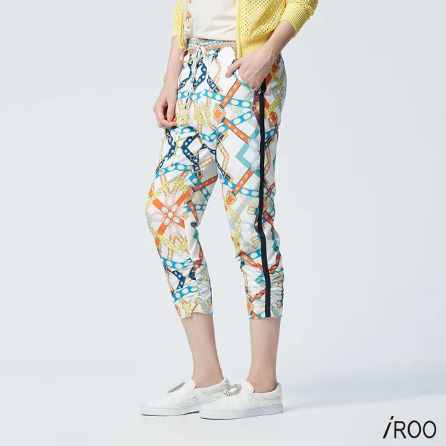 【iROO】彩色皮帶印花流行設計長寬褲