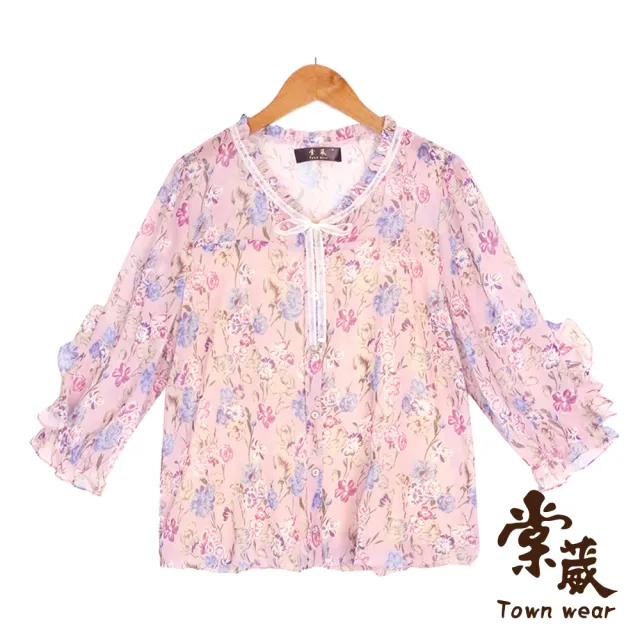 【TOWN’WEAR 棠葳】高雅花卉蕾絲綁帶雪紡上衣(女上衣/女上著/領結/透膚/氣質)