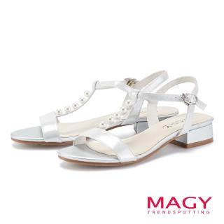 【MAGY】T字珍珠羊皮低跟涼鞋(銀色)