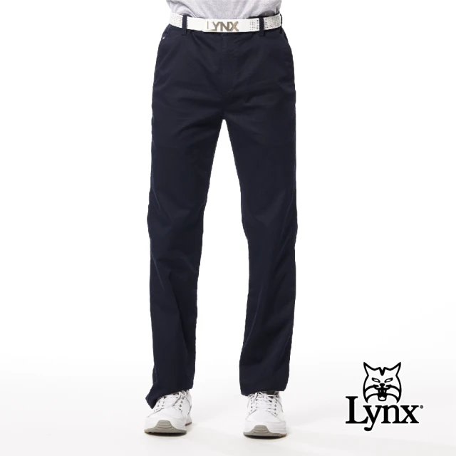 Lynx Golf 男款彈性舒適混紡材質布料暗紋造型素面款式Lynx繡花平面休閒長褲(深藍色)