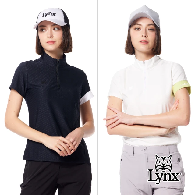 【Lynx Golf】首爾高桿風格！女款合身版吸排機能開杈設計山貓膠標短袖立領POLO衫/高爾夫球衫(二色)