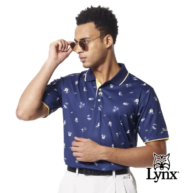 【Lynx Golf】男款吸溼排汗機能織紋布材質滿版熱帶風情印花配色條領短袖POLO衫/高爾夫球衫(二色)