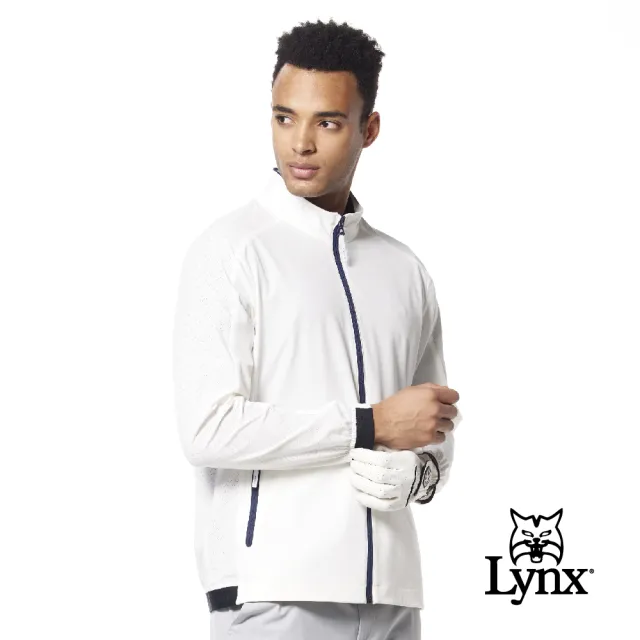 【Lynx Golf】男款抗UV機能輕薄舒適後背山貓沖孔造型配布剪裁設計拉鍊口袋長袖外套(二色)