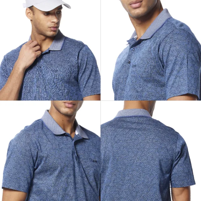 【Lynx Golf】男款歐洲進口絲光緹花面料小碎花造型胸袋款短袖POLO衫(深藍色)
