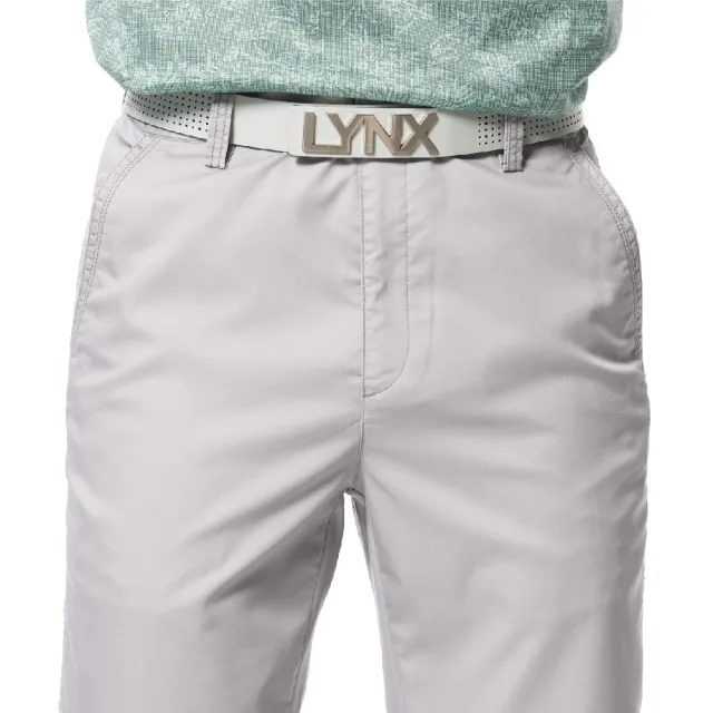 【Lynx Golf】男款彈性舒適竹纖維材質百搭素面款式Lynx繡花平面休閒長褲(灰色)
