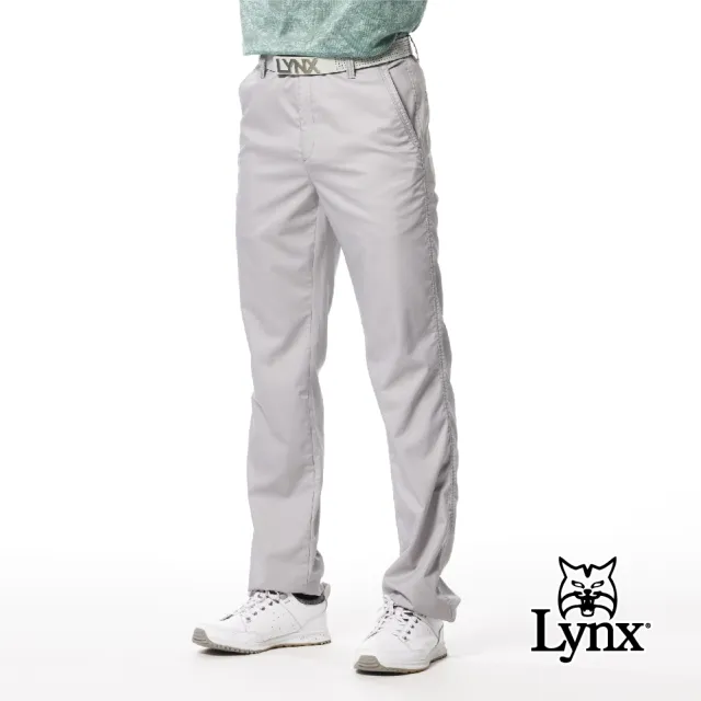 【Lynx Golf】男款彈性舒適竹纖維材質百搭素面款式Lynx繡花平面休閒長褲(灰色)