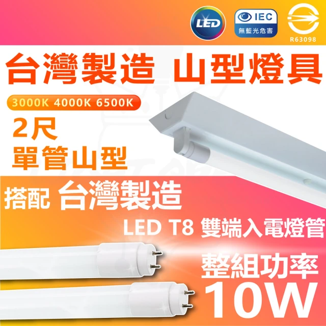 【台灣CNS認證 台灣製造】6入 LED山型燈具 單管 2尺 LED 燈管 雙端入電(白光/中性光/黃光)