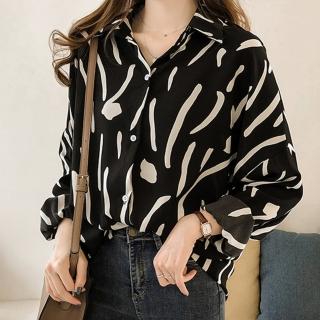 【Amirr 艾米爾】★寬鬆塗鴉印花襯衫(女上衣/長袖/休閒)