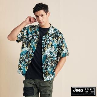 【JEEP】男裝 滿版叢林純棉短袖襯衫(黑色)