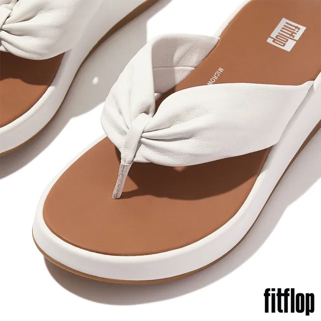 【FitFlop】F-MODE 皮革扭紋厚底夾脚涼鞋-女(都會白)