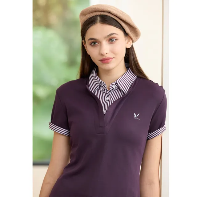 【LEIDOOE】深紫搭配線條假兩件女款短袖POLO衫(76211)