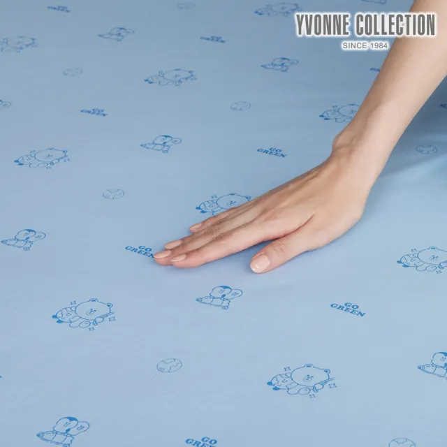 【YVONNE 以旺傢飾】100%美國棉印花床包-好友地球 天空藍(單人 純棉 台灣製 LINE FRIENDS)