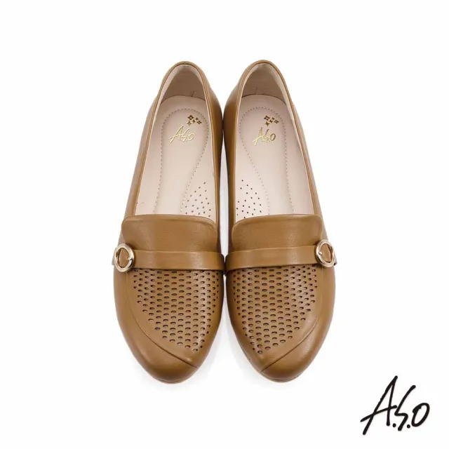 【A.S.O 阿瘦集團】A.S.O窩心系列 羊皮 雷雕皮帶扣樂福平底鞋(土咖)