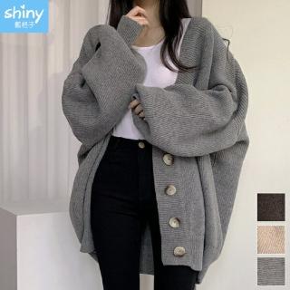 【Shiny 藍格子】V領單排扣寬鬆燈籠袖針織毛衣外套 V3638 現+預(女裝)
