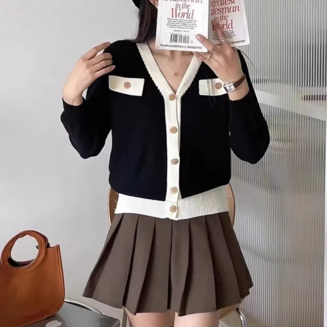 【BBHONEY】韓系小香風V領撞色開釦衫(網美熱搜款)