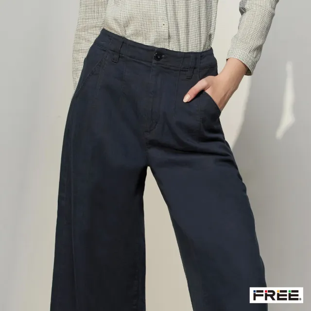 【FREE】彈性膠原蛋白口袋九分寬褲(深藍)