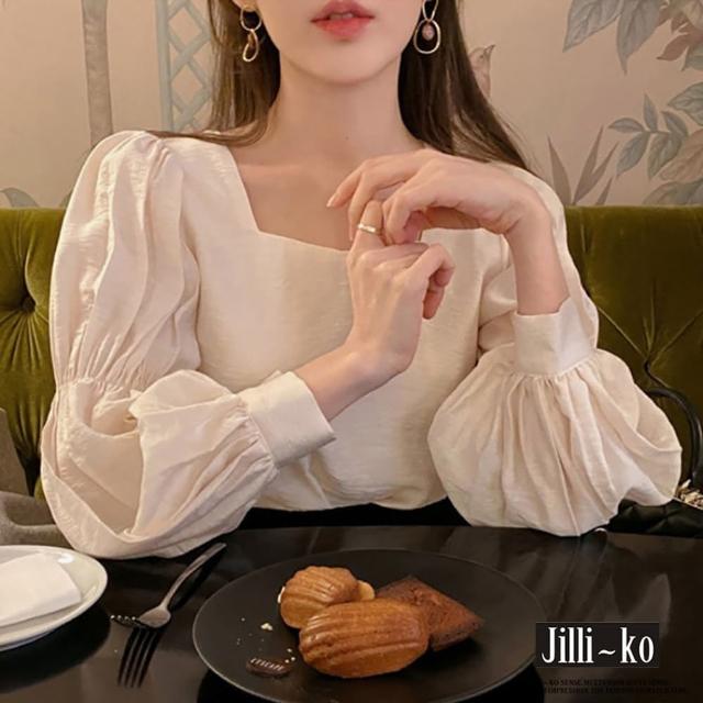 【JILLI-KO】韓國CHIC風抓褶泡泡袖方領氣質上衣-F(杏)