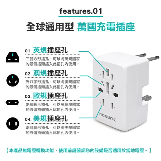 【NICELINK】旅行萬用轉接頭 全球通用型 US-400A WH(福利品)