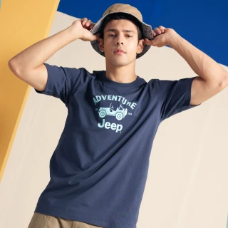 【JEEP】男裝 童趣風格吉普車圖騰短袖T恤(藍色)
