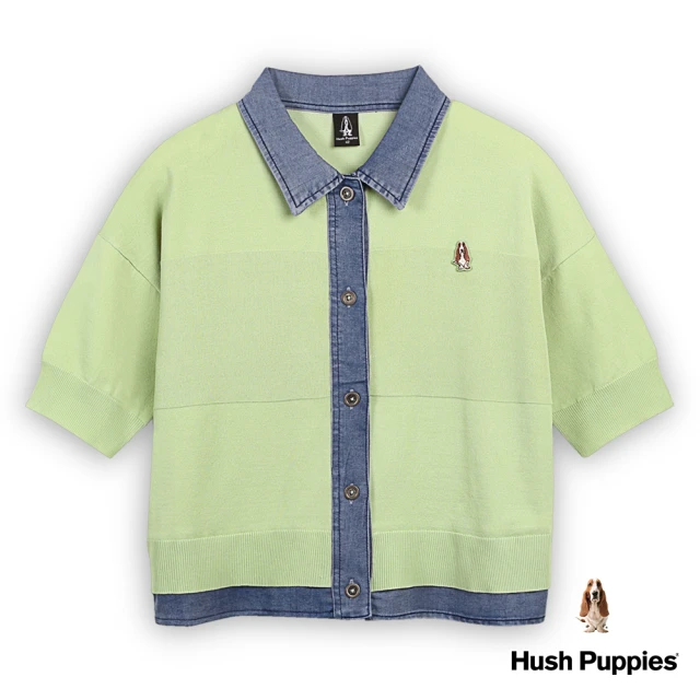 【Hush Puppies】女裝 線衫 異材質拼接牛仔線衫(淺綠 / 43213103)
