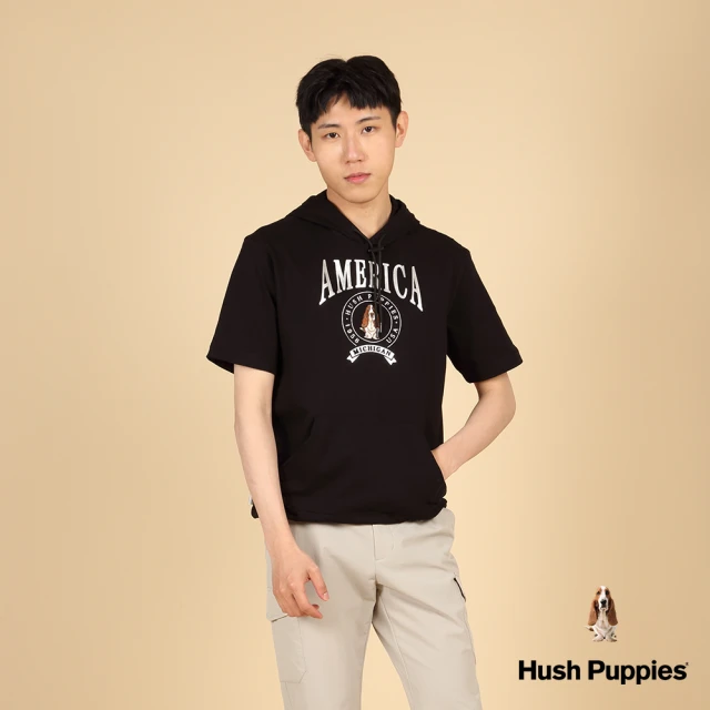 Hush Puppies 男裝 帽T 經典品牌立體鋼模刺繡狗短袖帽T(黑色 / 43102104)