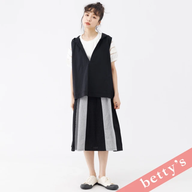 betty’s 貝蒂思 腰鬆緊條紋蕾絲日系八分裙(黑色)好評