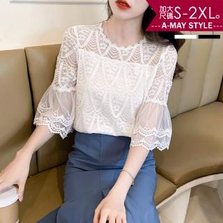 【艾美時尚】中大尺碼女裝 上衣 優雅蕾絲鉤花五分袖雪紡衫。S-2XL(2色.預購)