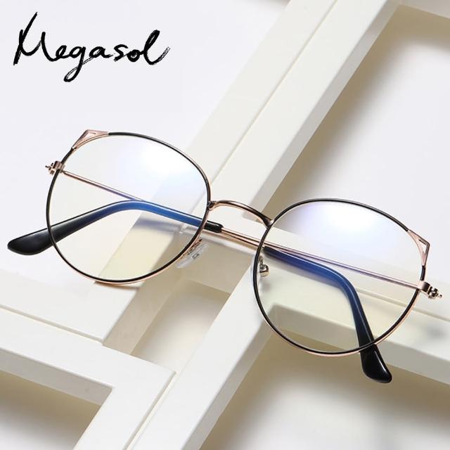 【MEGASOL】抗UV濾藍光文青款萌貓耳平光眼鏡(藍光變色金屬框眼鏡-BS885215)