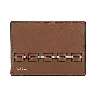 【Paul Smith】PAUL SMITH金箔簽名LOGO小牛皮條紋編織設計2卡開口式卡夾(棕)