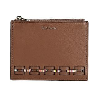【Paul Smith】PAUL SMITH燙金簽名LOGO小牛皮條紋編織設計3卡拉鍊卡夾包(棕)