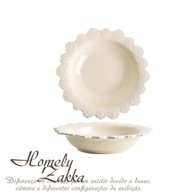 【Homely Zakka】法式浪漫花邊浮雕陶瓷餐盤碗餐具_圓形深盤(湯盤 餐具 餐盤 盤子 器皿 碗盤)